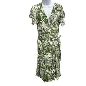 CUPSHE‎ Wrap Dress Tropical Palm Leaf Print Green White Short Sleeve Midi Beach